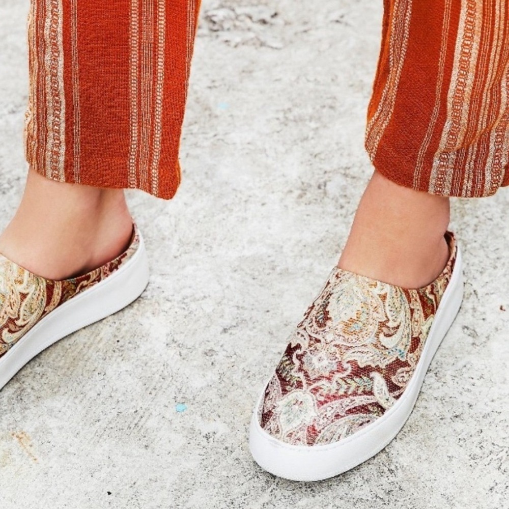 Free People Paisley Tapestry Platform Mule Sneakers Orange Teal White Size 38